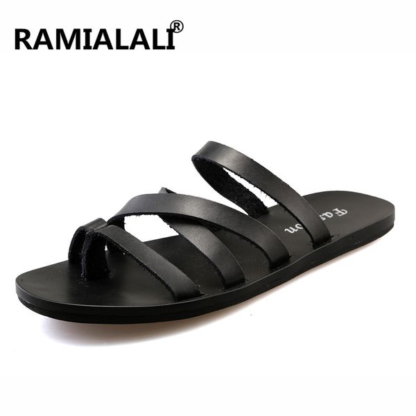 

ramialali summer men sandals leather gladiator sandals flip flops slip on flats beach shoes male footwear plus size 46, Black
