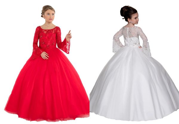 

long sleeve beaded lace flower girl gowns little girls sequins kids children miss national pageant holy first communion dresses, Red;yellow