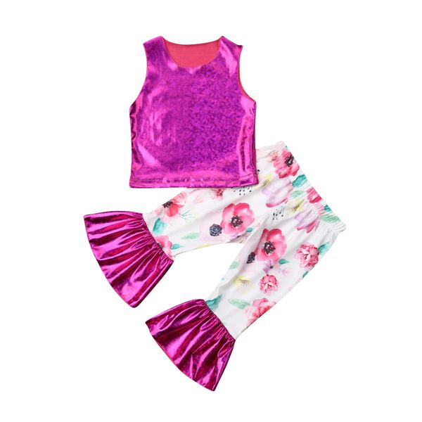 

brand toddler kid baby girl clothes sleeveless t-shirt +floral patchwork long bell bottom leggings fashion clothing set, White