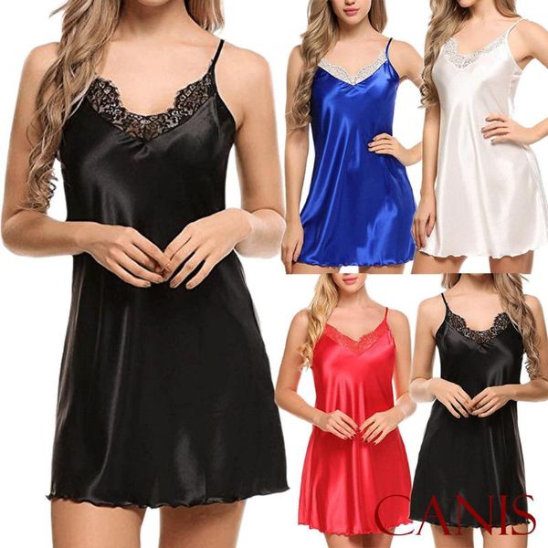

women sleeveness sleepwear nightgown satin silk babydoll lace robes night sleepshirts, Black;red