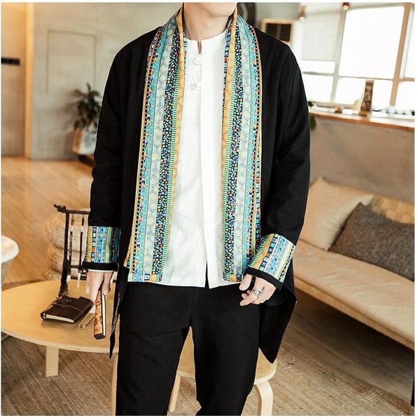 

spring autumn men's chinese style cardigan coat tang suit casual loose men's long cotton trench coat, Tan;black