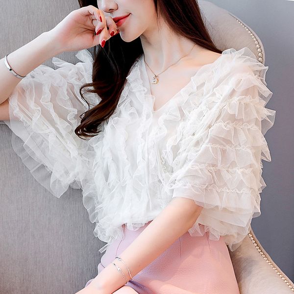 

v-neck ruffles girl shirt womens summer chiffon shirt fashion blouses, White