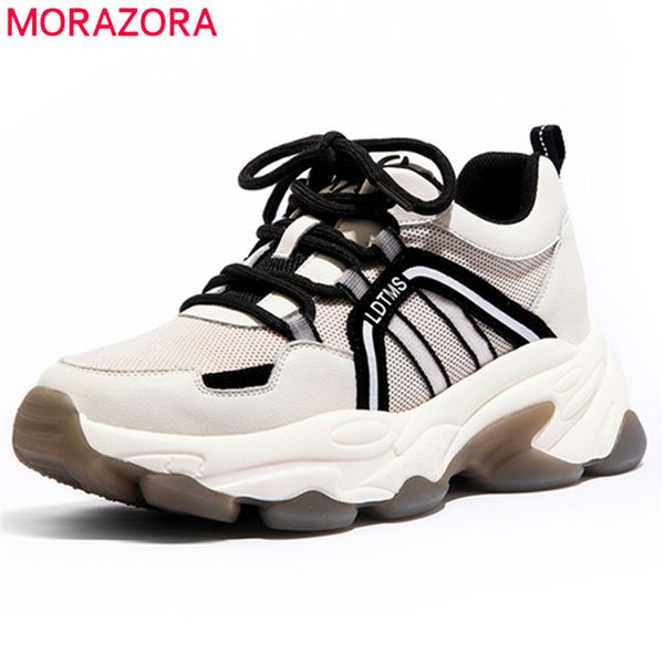 

morazora 2020 sneakers women genuine leather shoes mesh breathable flat platform shoes comfortable casual woman, Black
