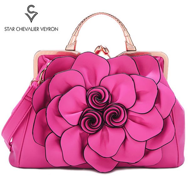 

2019 women leather handbag rose multicolor flower shoulder bag ladies handbag fashion casual luxury bag metal frame totes clutch