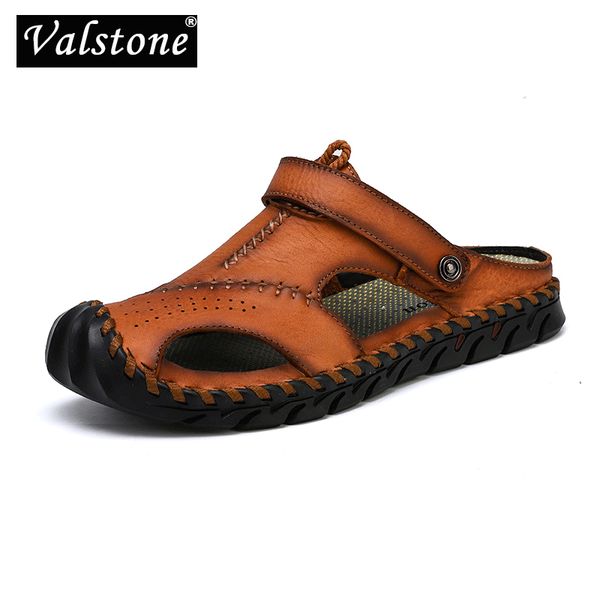

valstone genuine leather men sandals leather men beach shoes casual shoes slippers sewing classics footwear, Black