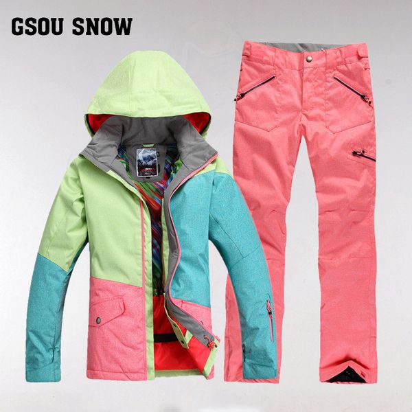 

gsou snow women ski suit waterproof ski jacket+snowboard pants winter mountain skiing suit female outdoor sport clothing