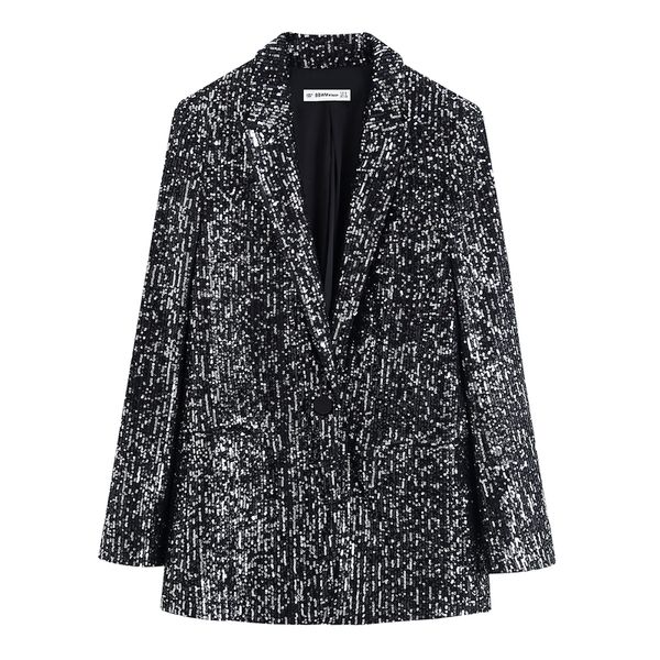 

agong casual sequined blazers women fashion solid notched jackets women elegant single button long sleeve suits female ladies ld, White;black