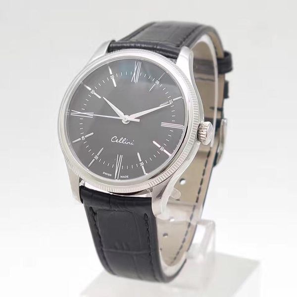 

classic luxury mens watches cellini m50509 0006 silver automatic mechanical movement black dail leather strap designer watches, Slivery;brown