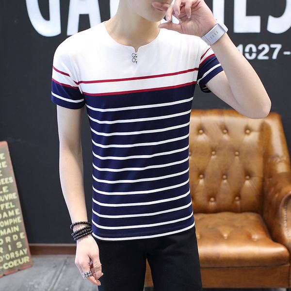 

мужская дизайнерская футболка с коротким рукавом тонкий круглый вырез половина рукава полосатый студент половина футболки прилив, White;black