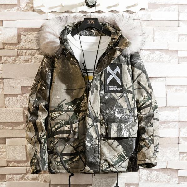 

winter parkas men camo hooded large fur collar casual jacket men thicken warm quality parkas coats asian size s-3xl, Black