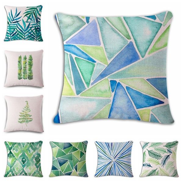 

watercolor green leaf hand cotton flax pillow back cushion