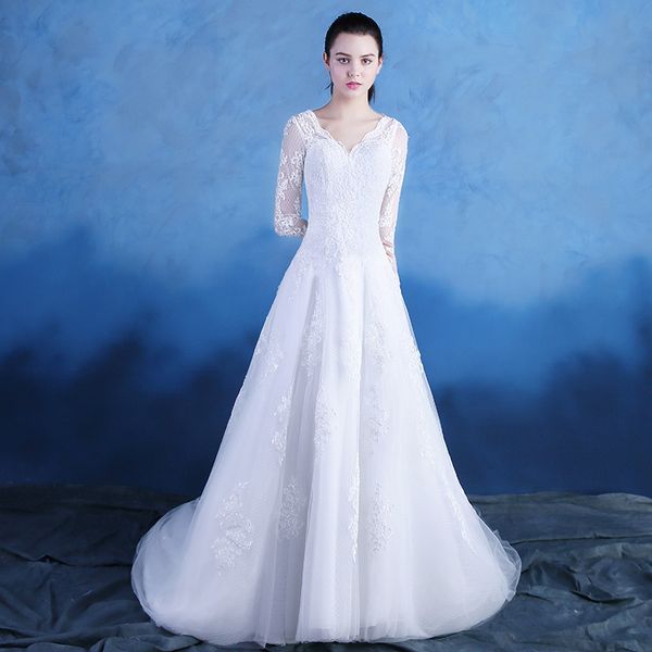 

новое поступление элегантное свадебное платье vestido de festa платье аппликации длинная застежка на молнию с полным рукавом платья, White