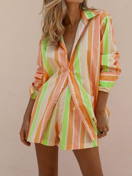 

rainbow striped shirt shorts set women's suits summer two piece set long sleeve single breasted shirt and elastic waist shorts, White