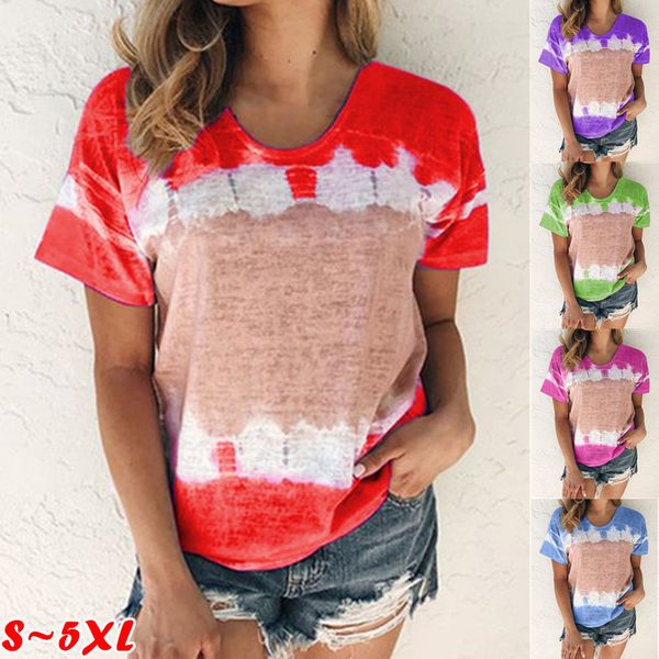 

plus size women clothing tshirt fashion tie dyed crew neck short sleeve loose tshirt women summer clothes, White