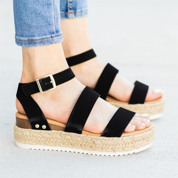 

2020 women's solid color versatile sandals summer breathable fashion casual shoes gladiator roman platform shoes travel, Black