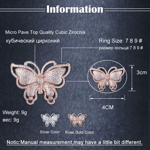 

blingzircons beautiful big butterfly shape tiny cubic zirconia stone pave setting rose gold color wedding rings for women01, Silver