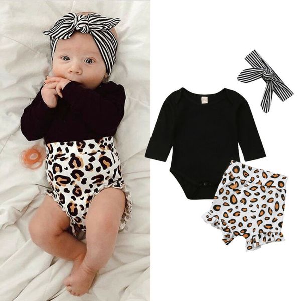 

pudcoco casual newborn baby girls clothes long sleeve romper leopard print shorts pants headband 3pcs outfit 0-24m, White