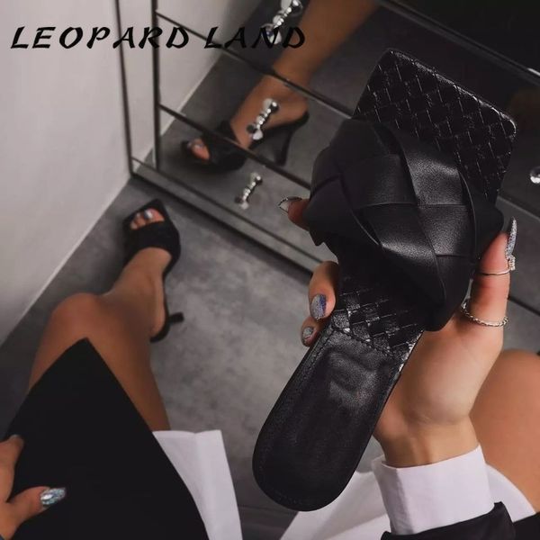 

leopard land summer fashion hand-woven square head stiletto women's shoes shallow mouth casual high heels women's sandals zl, Black