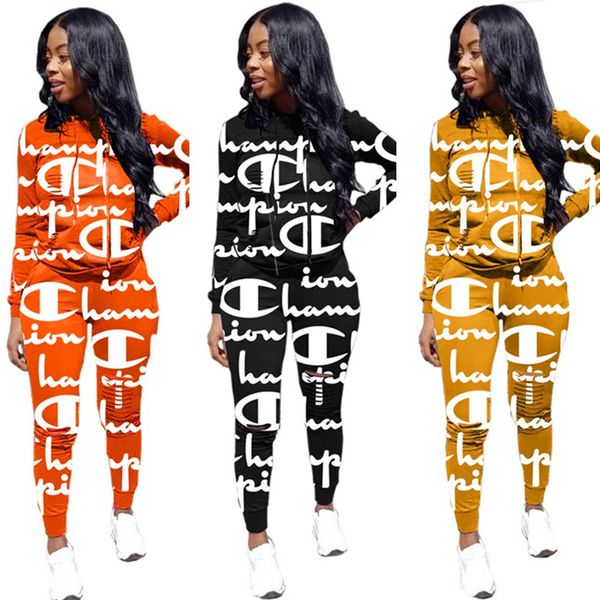 

women 2pcs clothing set champion letter long sleeve tracksuit hooded hoodies and leggings pants brand outfits sportswear s-3xl c101403, White