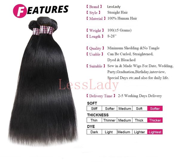 

lesslady горячие продажи прямые пучки волос натуральный цвет non-remy бразильские волосы бесплатная доставка высокое качество низкая цена, Black