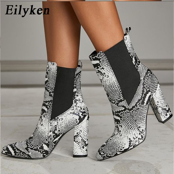 

eilyken women high heels ankle boots pu leather slip-on short boots female serpentine square heels size 41 42, Black