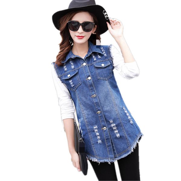

b2473 spring autumn 2019 new korean version women fashion sleeveless thin style hole denim vest wholesale, Black;white