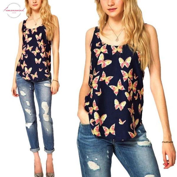 

women loose sleeveless t shirt summer butterfly print girls crew neck black tees sleeveless casual, White