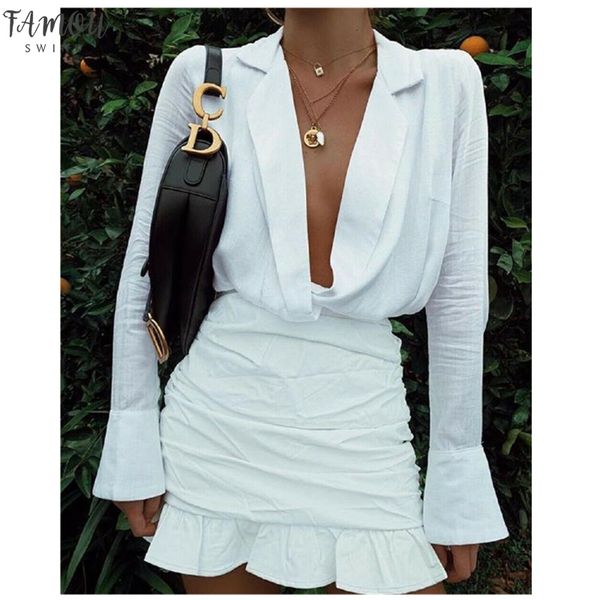 

2020 fashion trend elegant women deep v neck lapel dress ruffle cuff leopard solid party formal club work dress, Black;gray