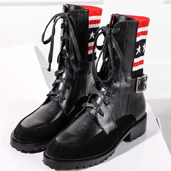 

genuine leather martin boots stars fashion women shoes boots high-quality belt buckle ankle boots low heel brand shoes botas cortas, Black