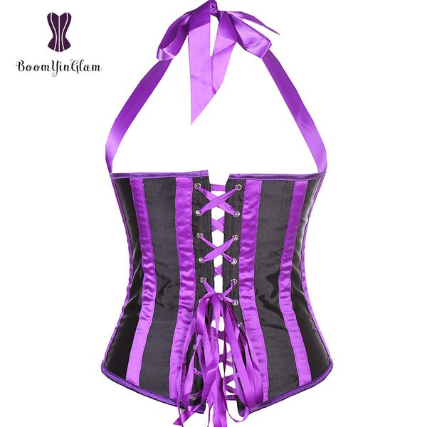 

2831 satin purple halterneck waist cincher outfit costume body shaper underbust corset plus size s-6xl, Black;white