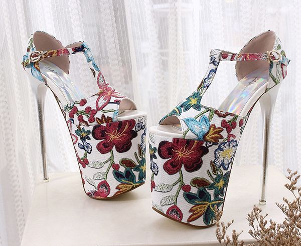 

2019 new fine with 20cm hate high 11cm waterproof platform flowers national style large size nightclub women's shoes, Black