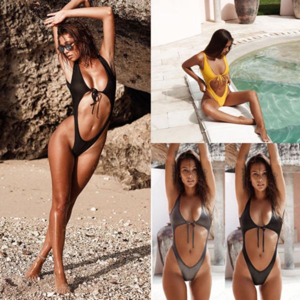 

one piece women v neck hollow out thong bikini monokini swimsuit swimwear bather suit beachwear swimming suit