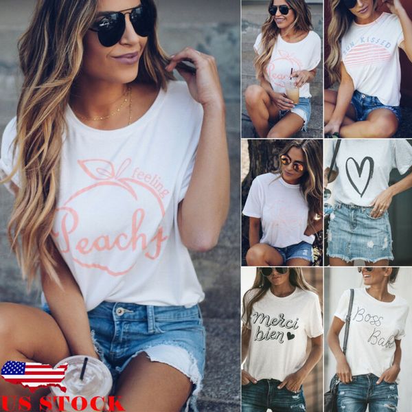 

us summer women casual short sleeve loose t-shirt letter print graphic tee, White