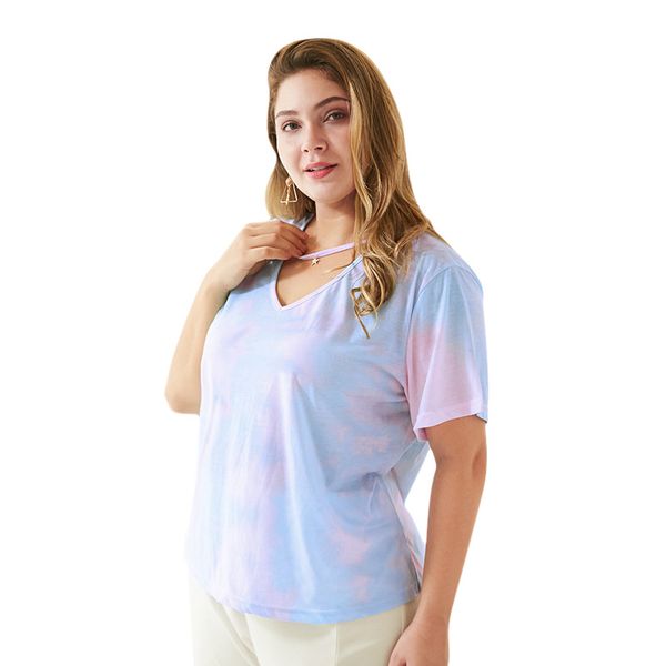 

2020 summer female new summer plus size for women large short sleeve casual loose sequins v neck shirt pink 4xl, White
