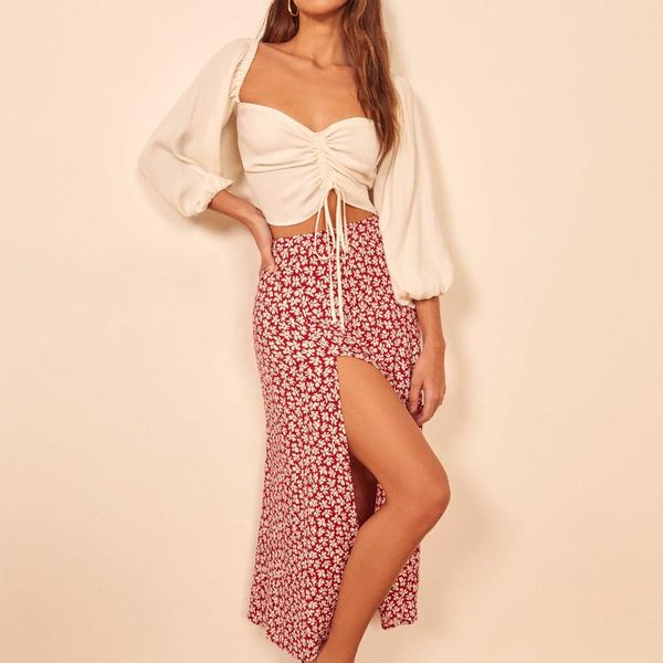 

gemstone elegant midi skirt women 2020 floral print high waist split casual skirts summer vintage long skirt, Black