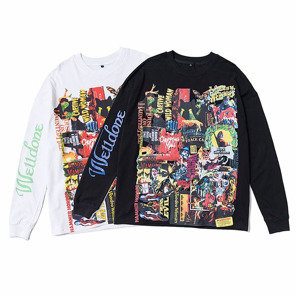 

mens black white loose t-shirts fashion high street long sleeve tee male 2019 summer hip hop welldone print, White;black