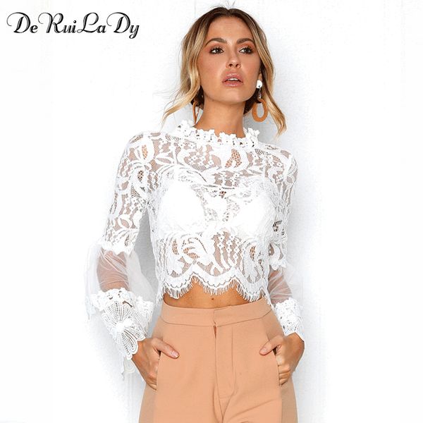 

hollow out white lace blouse shirt women elegant flare sleeve summer blouses female casual long sleeve blusa