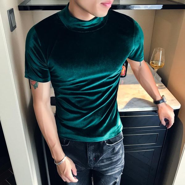 

luxury semi-turtle neck t shirt velvet men autumn winter short sleeve solid color t-shirts men slim fit tee shirt homme 4colors y200409, White;black