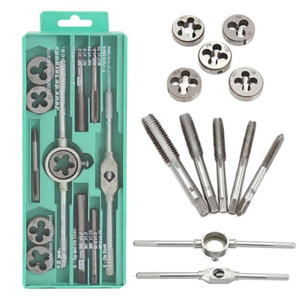 

12pcs tap dies set adjustable metric carbon steel hand screw taps holder thread gauge wrench tool for car repair