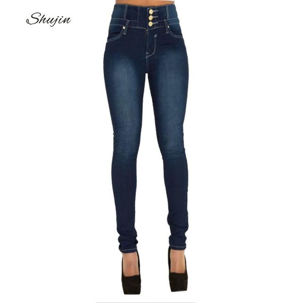 

shujin 2019 new woman denim pencil pants ladies high stretch jeans women high waist jeans trousers with button plus size 2xl, Blue
