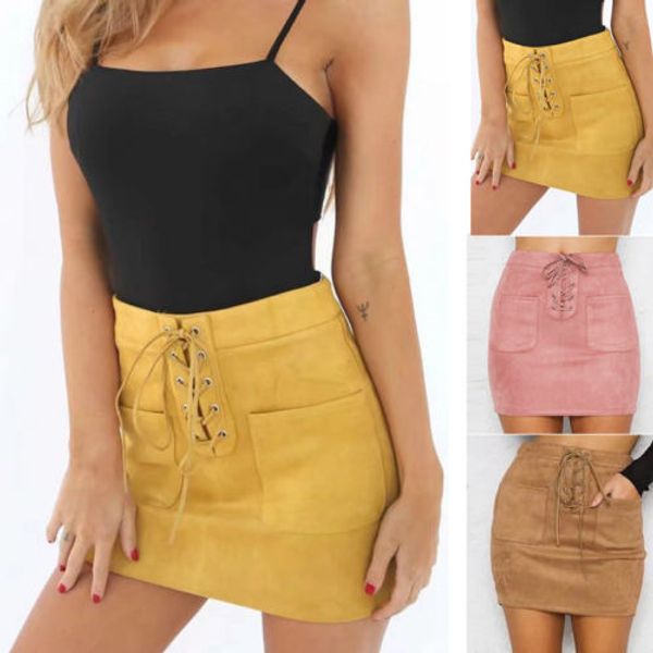 

women leather suede lace up bandage high waist party pencil short mini skirt ladies womens brief solid daily skirts, Black