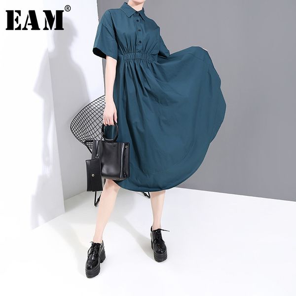 

eam] женщины синий плиссе sttich нерегулярное рубашка платье новые нагрудные с коротким рукавом свободные fit мода tide весна лето 2020 1w3, Black;gray