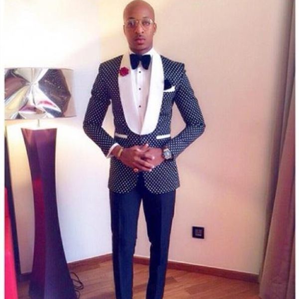 

2020 new design navy blue polka dot groom tuxedos groomsmen shawl lapel man wedding prom dinner suits (jacket+pants, White;black
