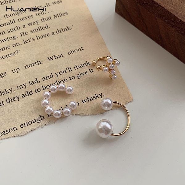 

huanzhi 2019 korean pearl cross geometric circle c shape gold metal ear bone clip earrings for women girls party sweet jewelry, Silver