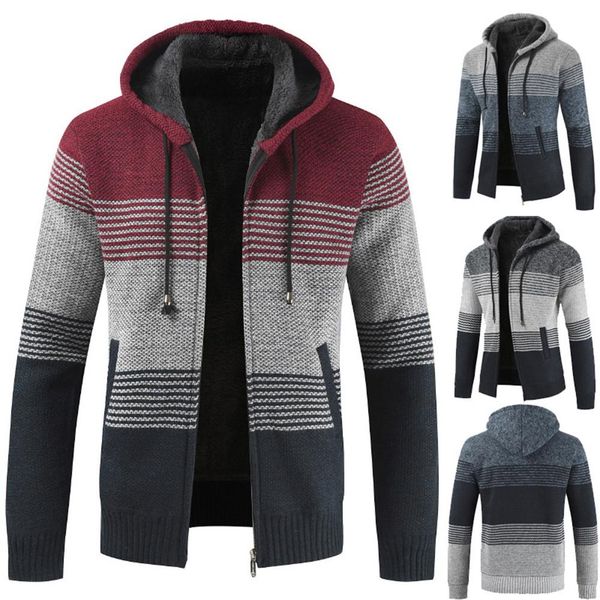 

jacket men long sleeve hoodie casual loose striped pocket zip front cardigan sports jacket manteau femme hiver knitted, Black;brown
