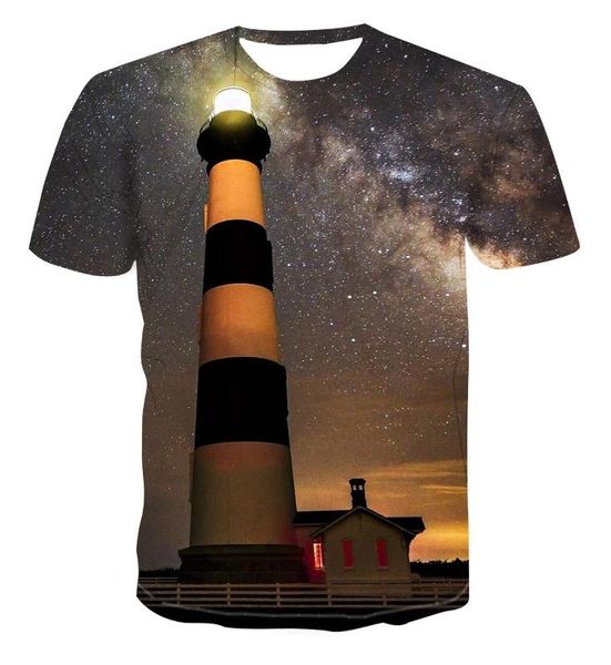 

men's t-shirts 2021 3d lighthouse star fashion creative design print t-shirt short sleeve classic all-around trend clothing s-6xl, White;black