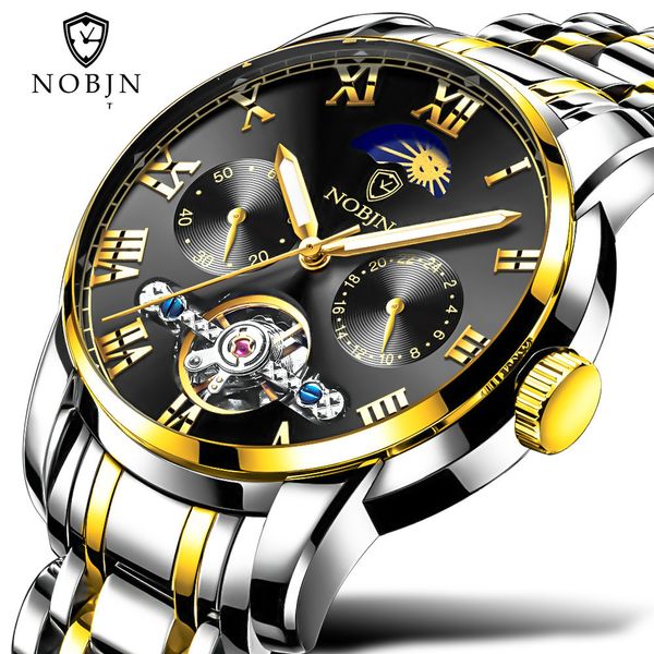 

nobjn men's automatic mechanical watch fine steel with waterproof business watch fashion and casual, Slivery;brown