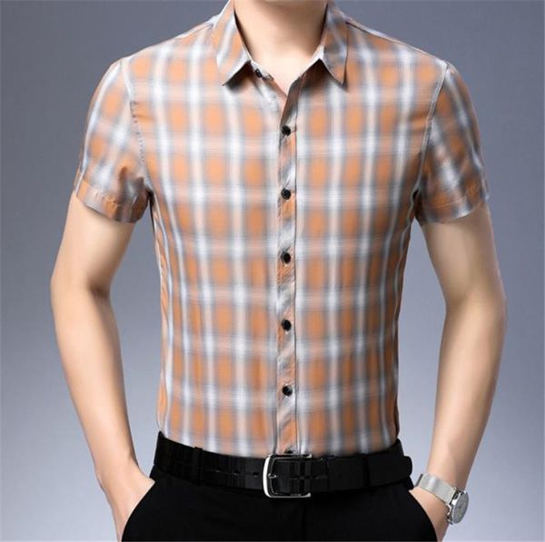

Luxury Plaid Print Designer Mens Shirts Summer Short Sleeve Single Breasted Skinny Casual Shirts Fashion Slim Mens Tops