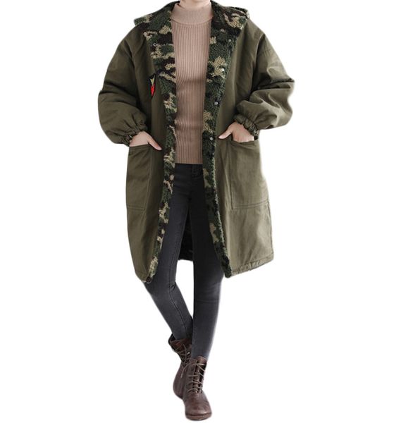 

woman jackets winter 2018 women plus size winter coat harajuku womens camouflage printing easy long loose jacket two wear coat, Black