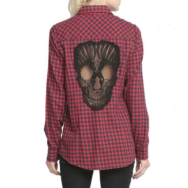 

blouses for women ladies designer skull hollow out plaid shirts long sleeve blouse plaid blusas mujer haut ete xxxxl chemise red, White